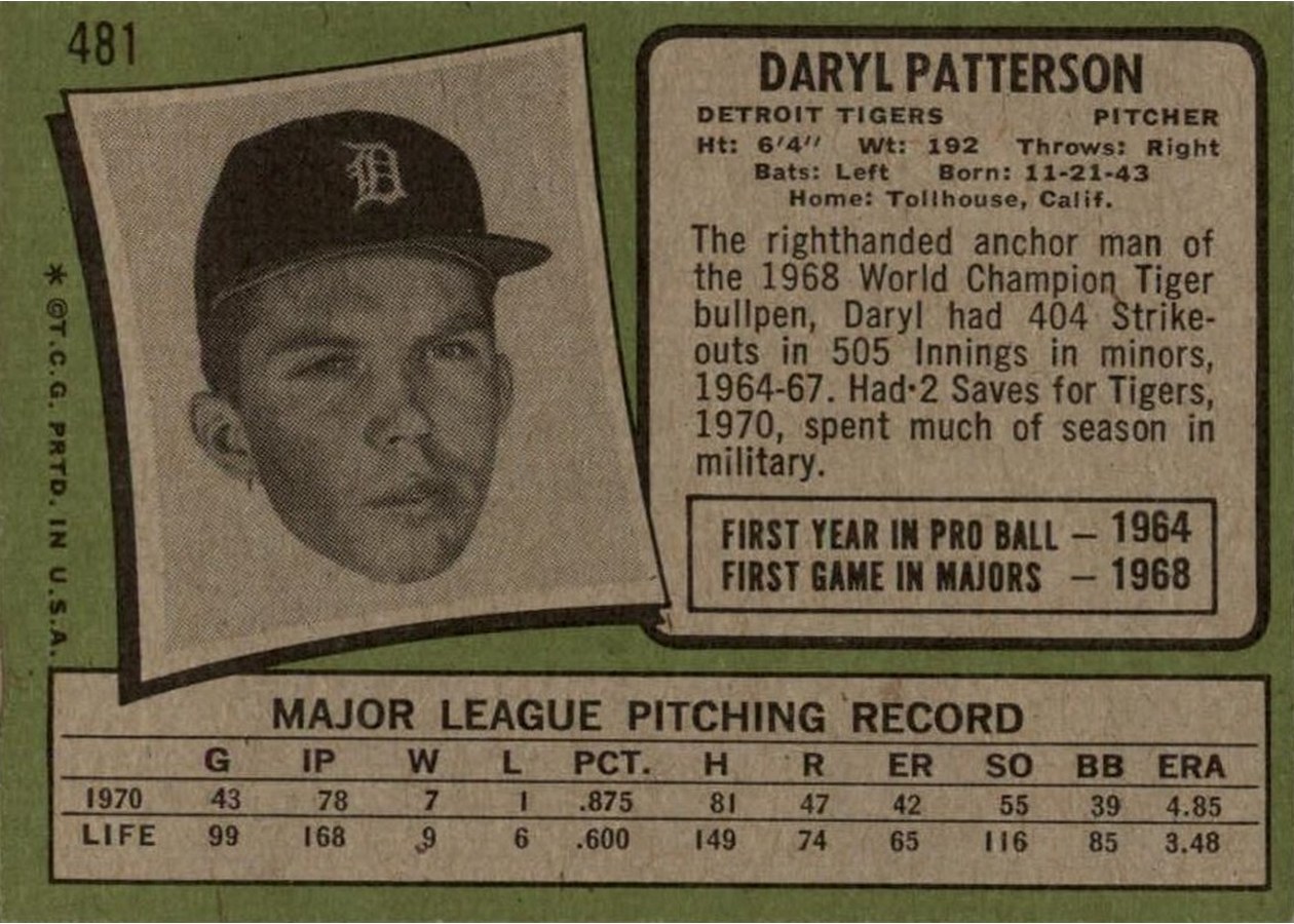1971 Topps #481 Daryl Patterson card back