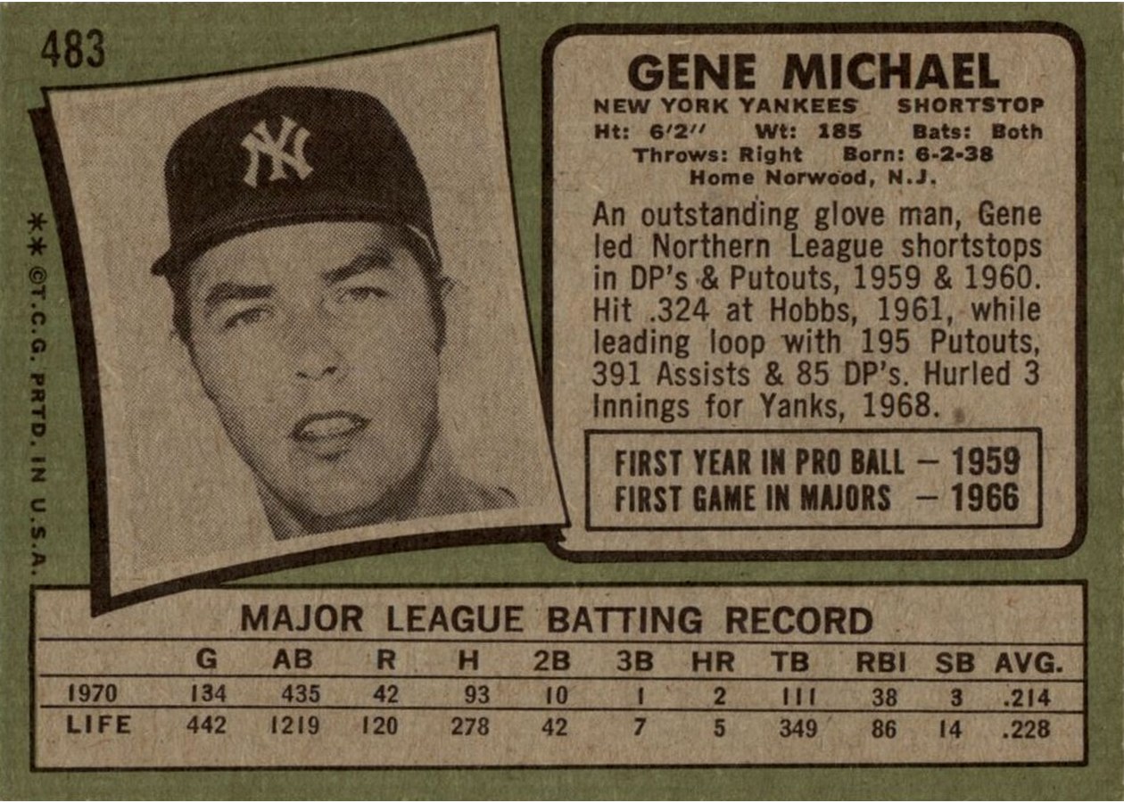 1971 Topps #483 Gene Michael card back