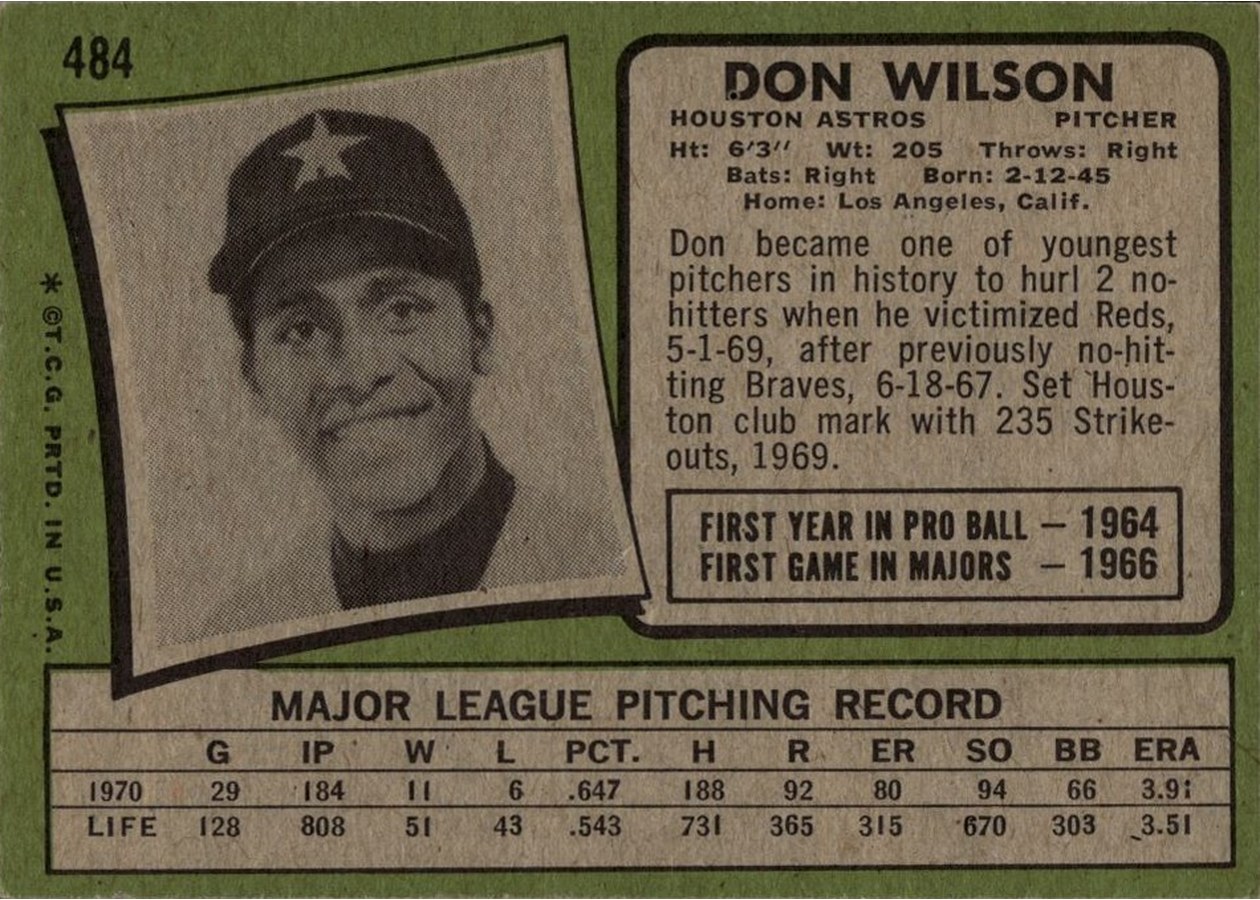 1971 Topps #484 Don Wilson card back