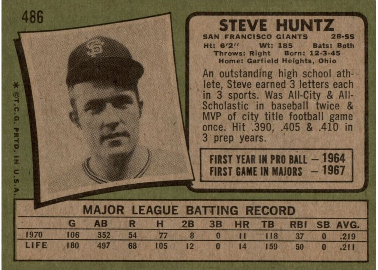 1971 Topps #486 Steve Huntz card back