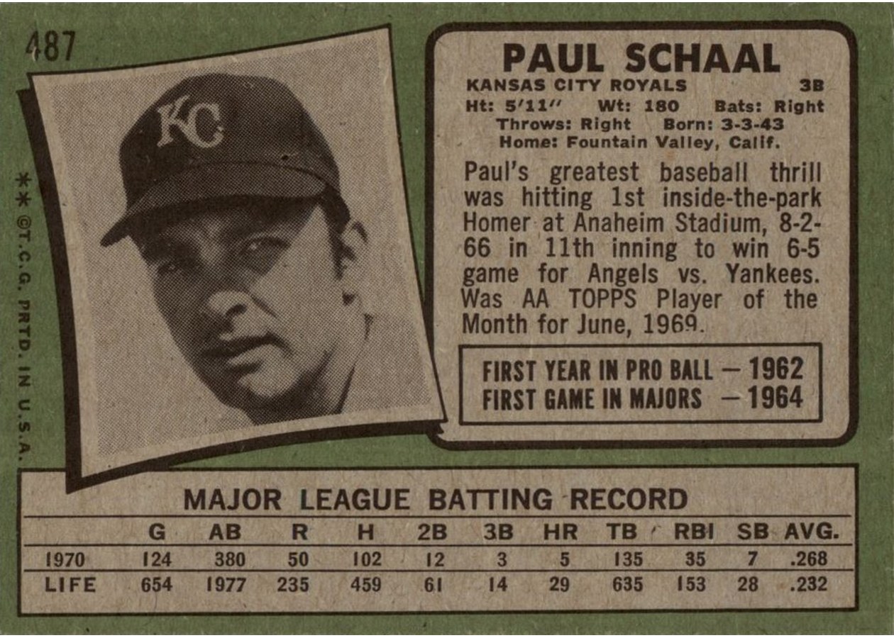 1971 Topps #487 Paul Schaal card back