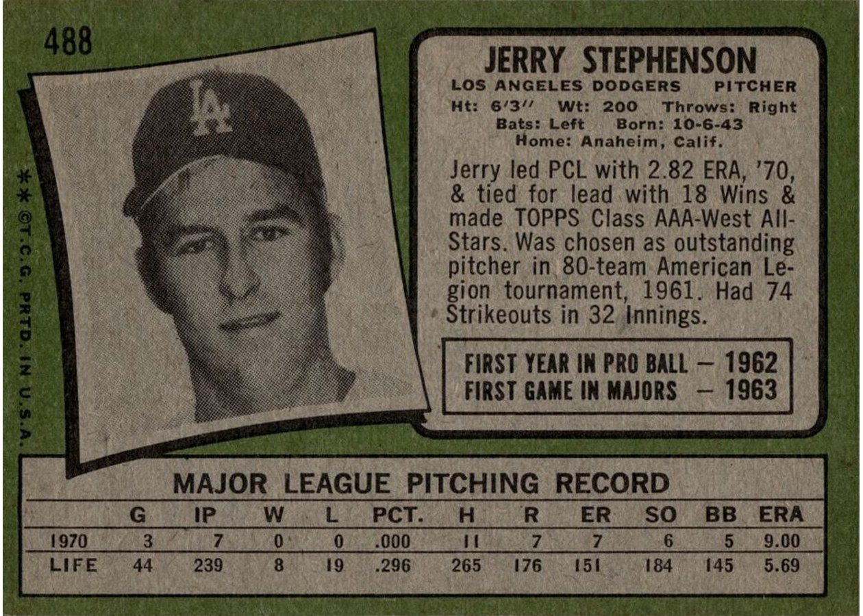 1971 Topps #488 Jerry Stephenson card back