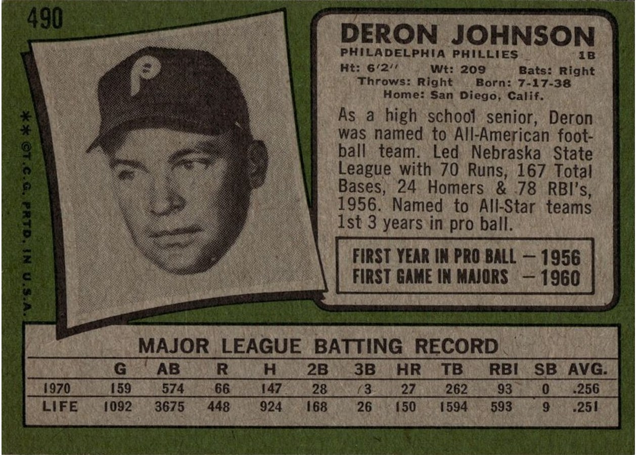 1971 Topps #490 Deron Johnson card back