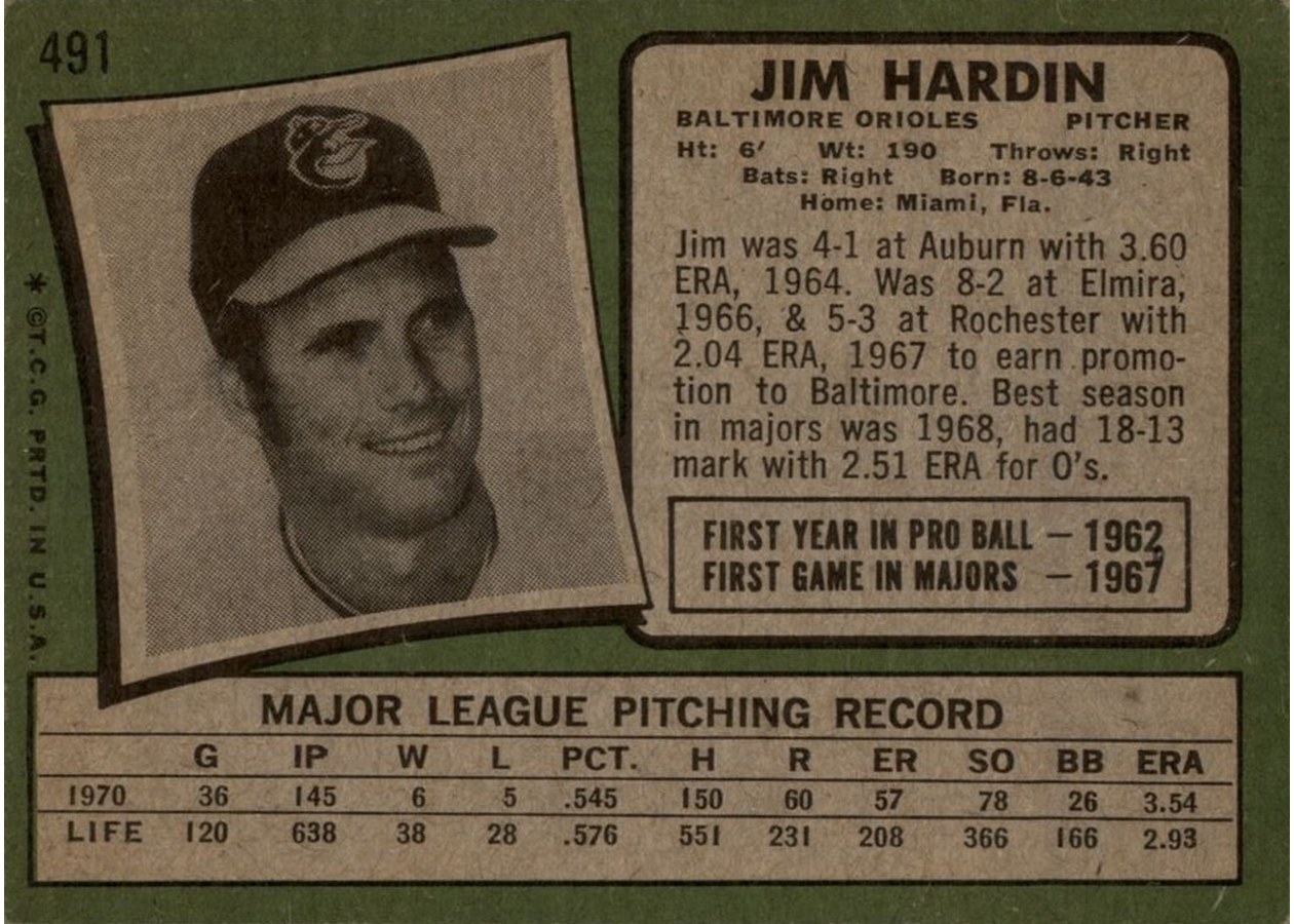 1971 Topps #491 Jim Hardin card back