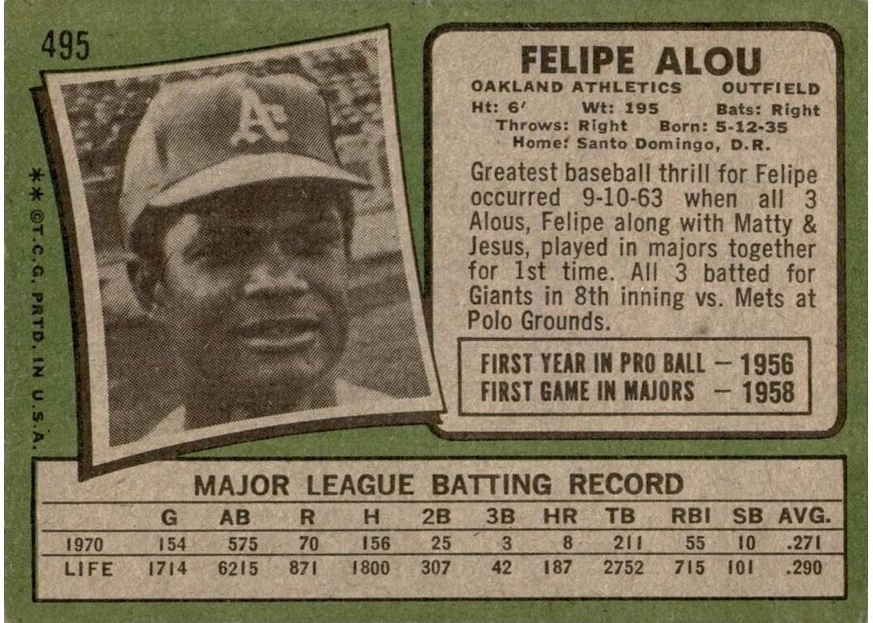 1971 Topps #495 Felipe Alou card back