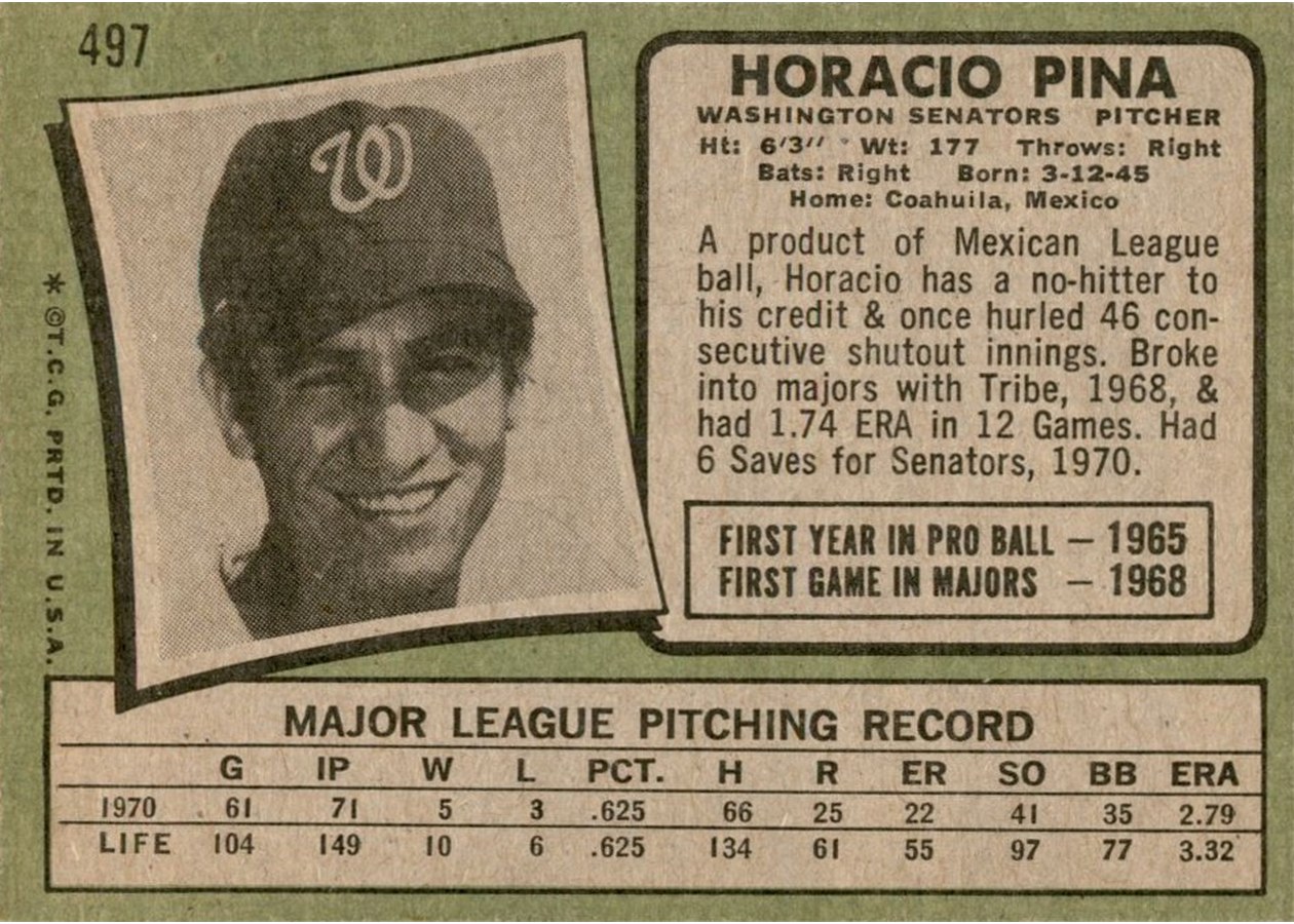 1971 Topps #497 Horacio Pina card back