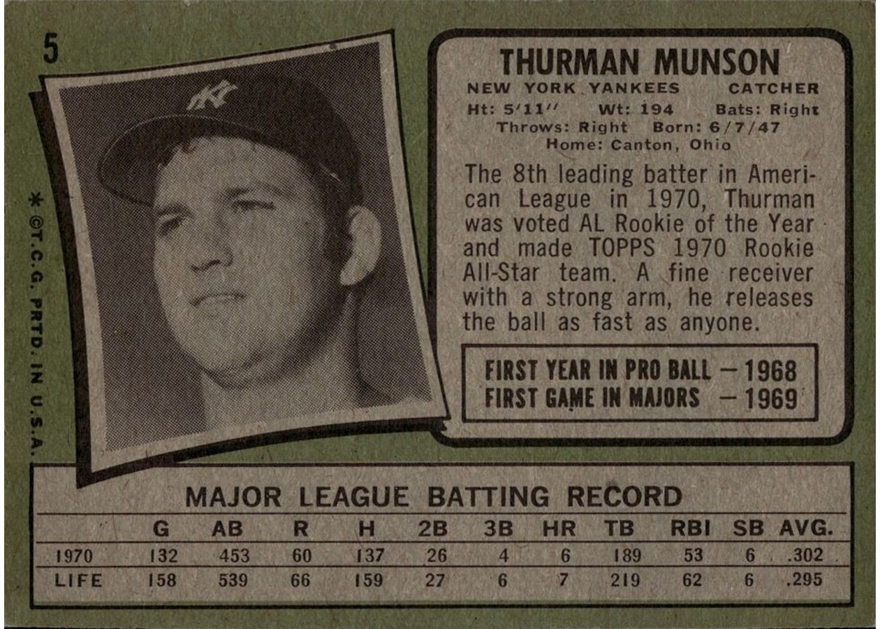 1971 Topps #5 Thurman Munson card back