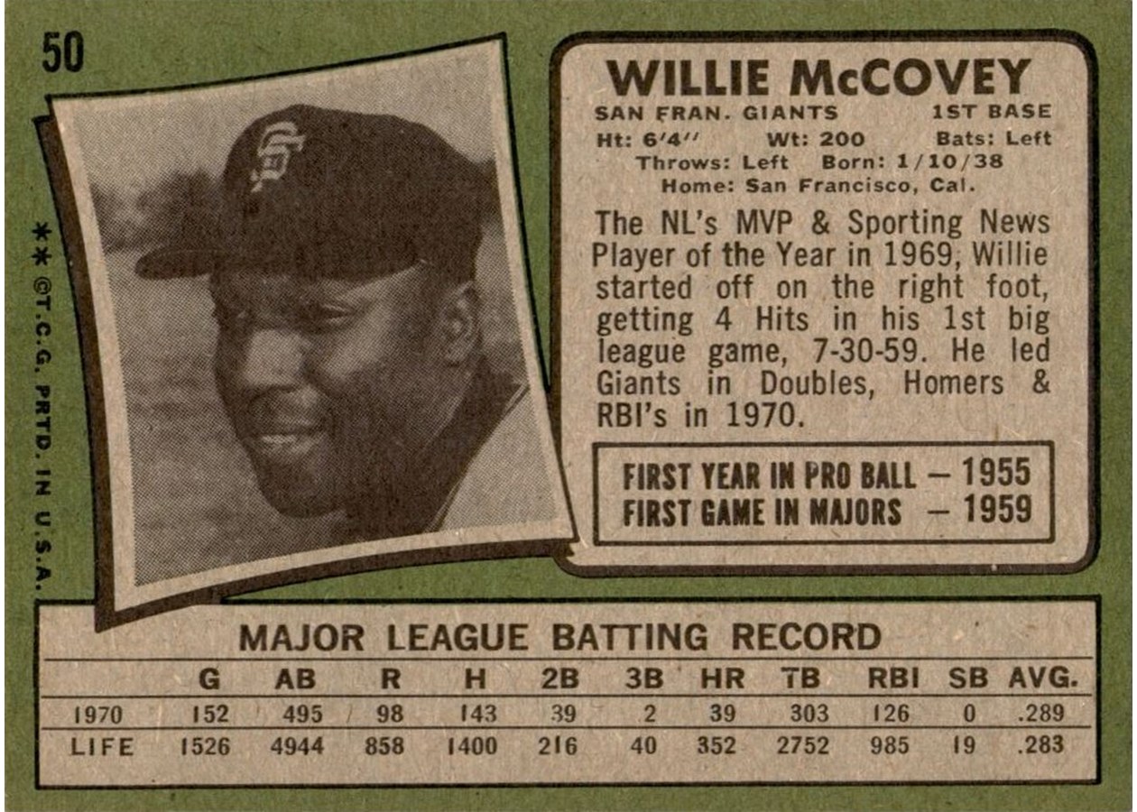 1971 Topps #50 Willie McCovey card back