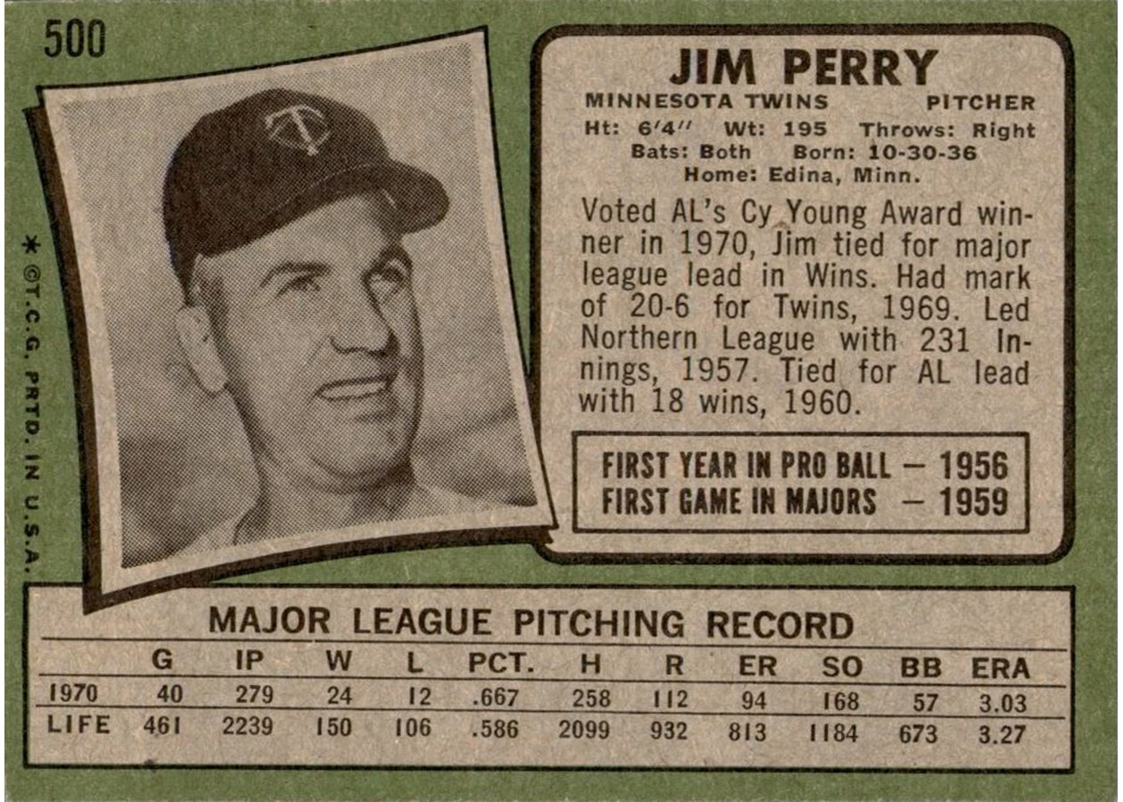 1971 Topps #500 Jim Perry card back