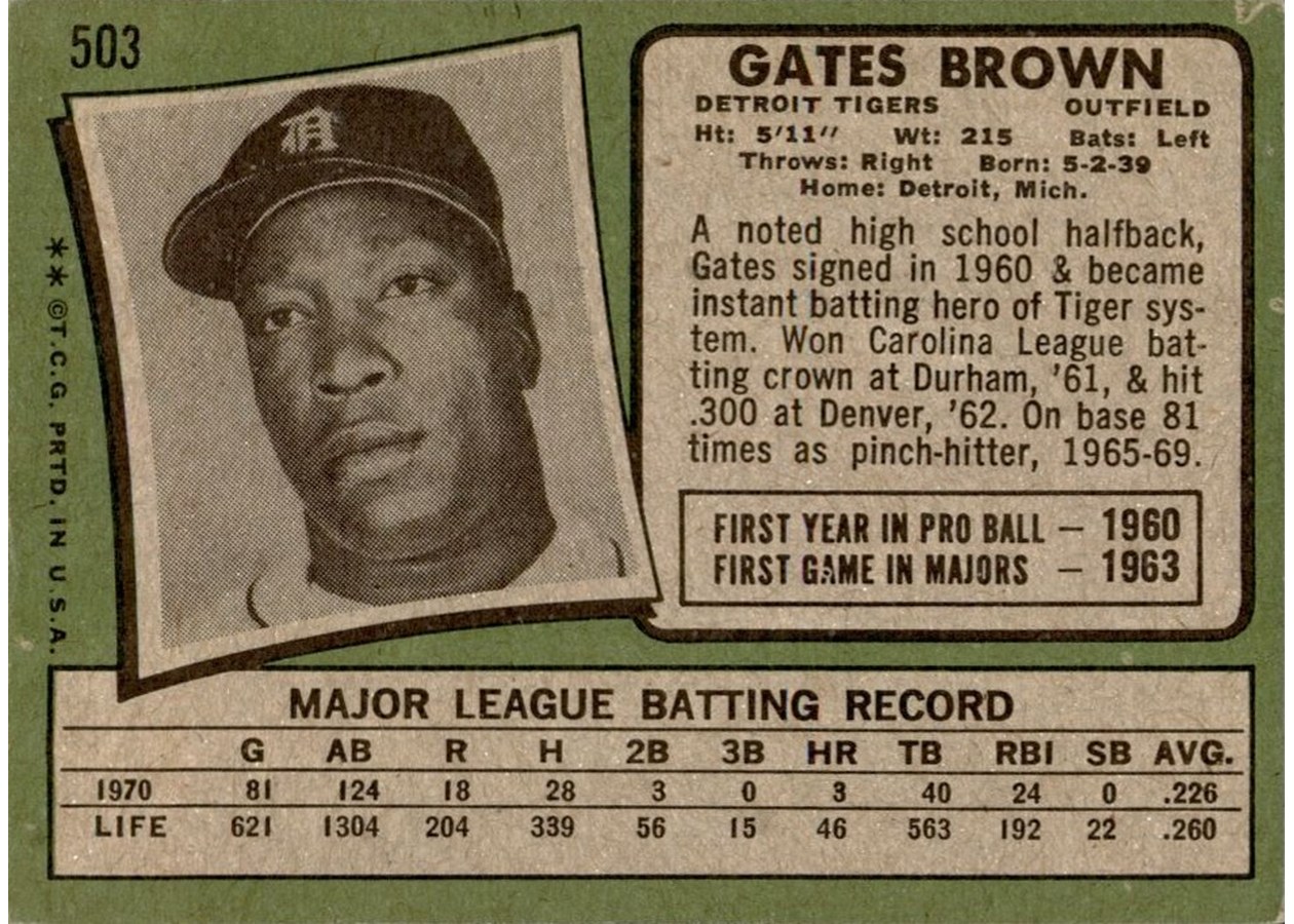 1971 Topps #503 Gates Brown card back
