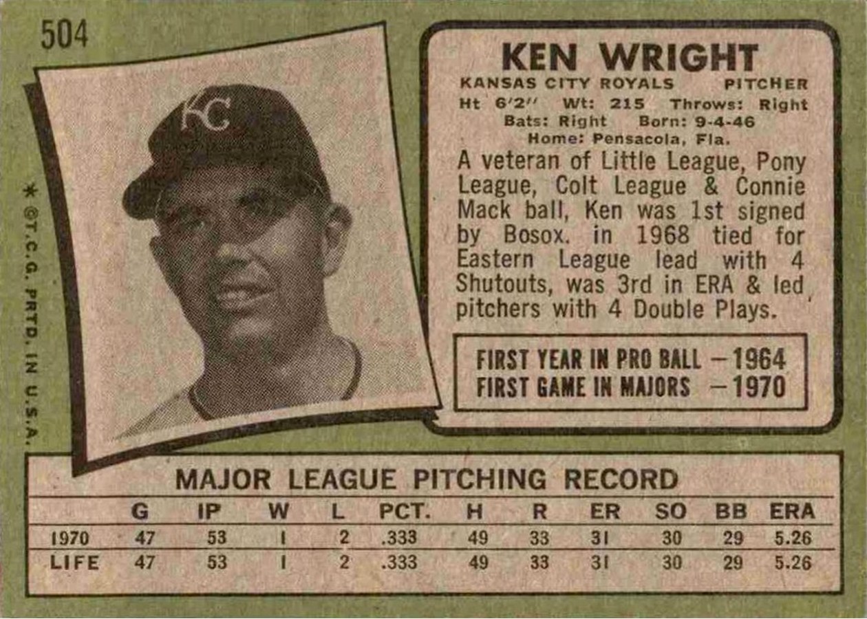 1971 Topps #504 Ken Wright card back
