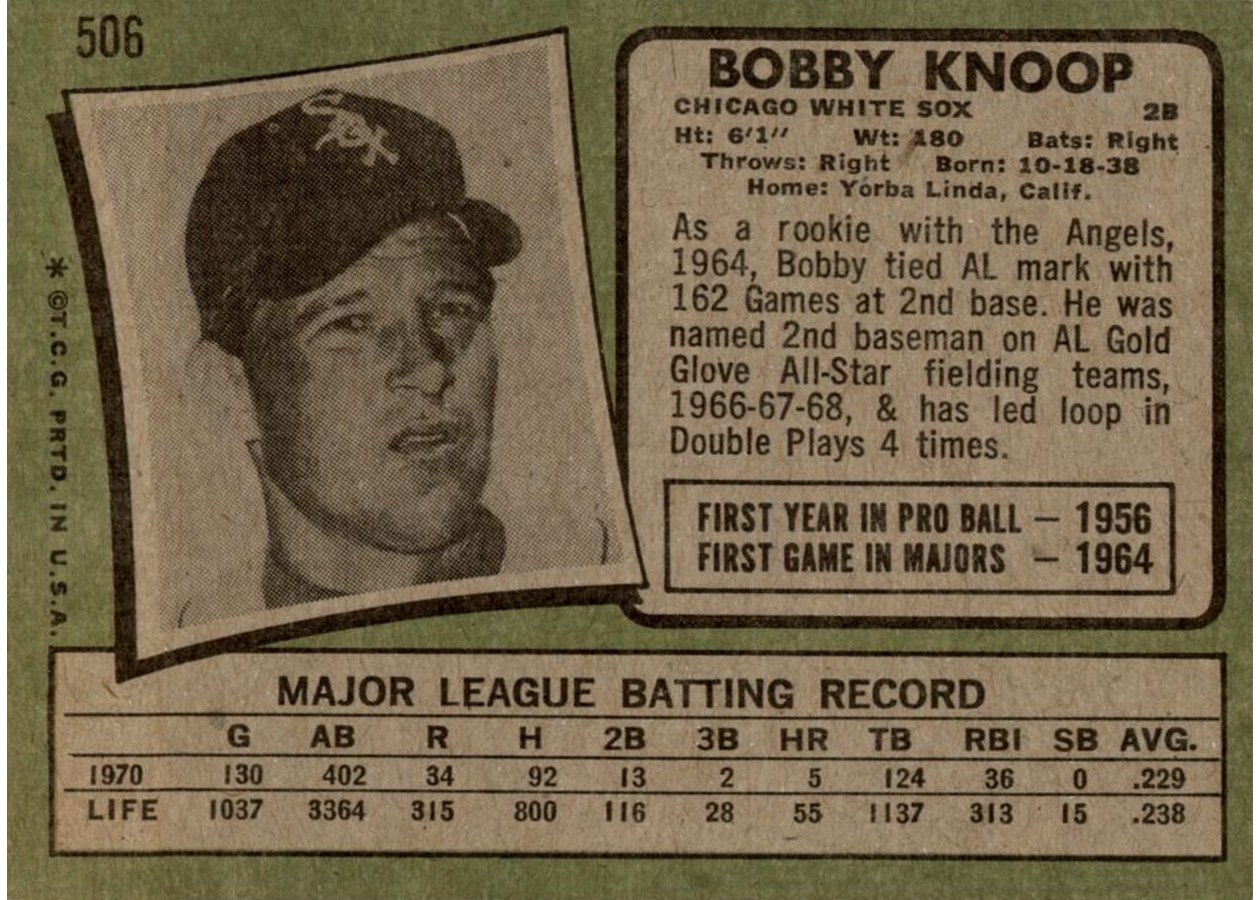 1971 Topps #506 Bobby Knoop card back
