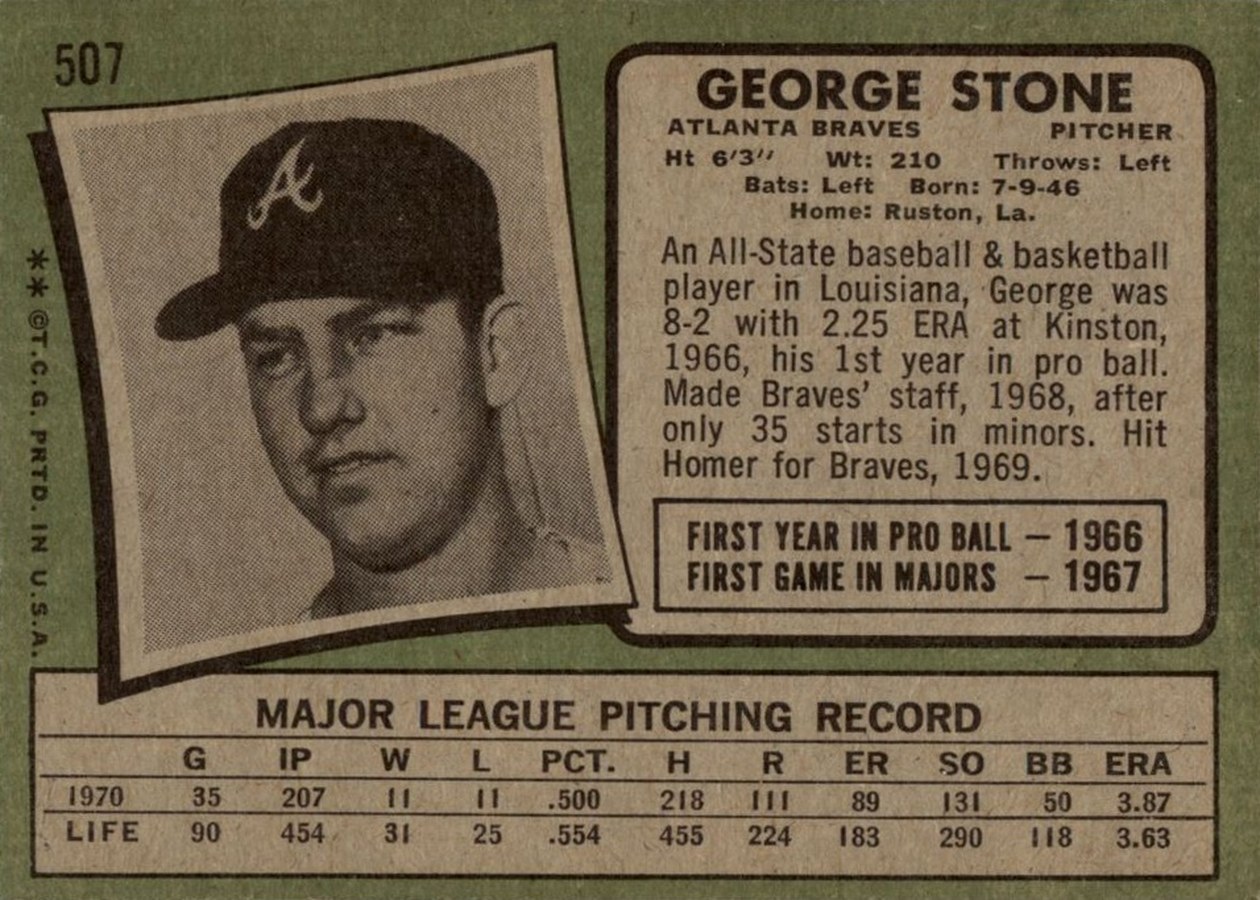 1971 Topps #507 George Stone card back