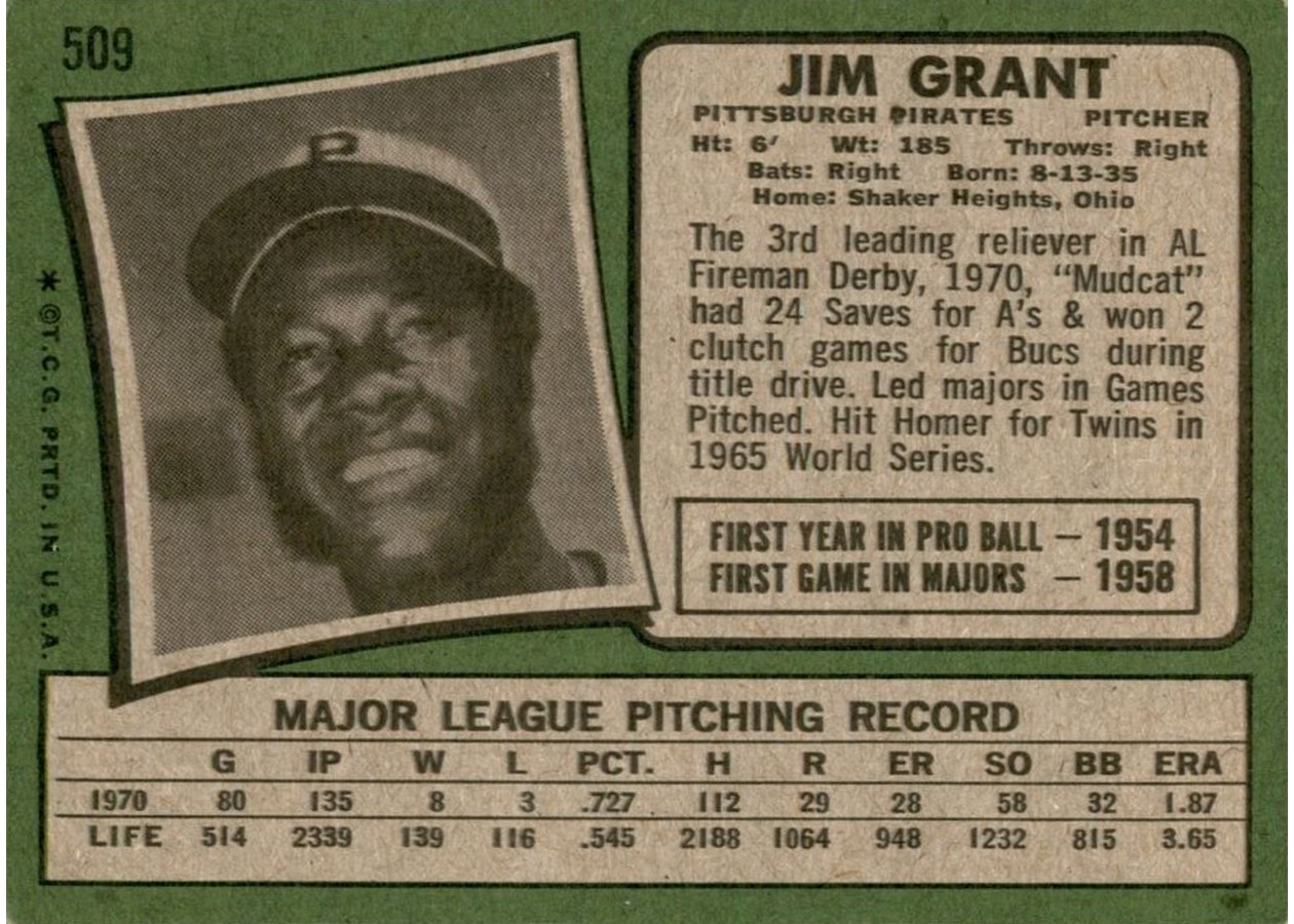 1971 Topps #509 Jim Grant card back