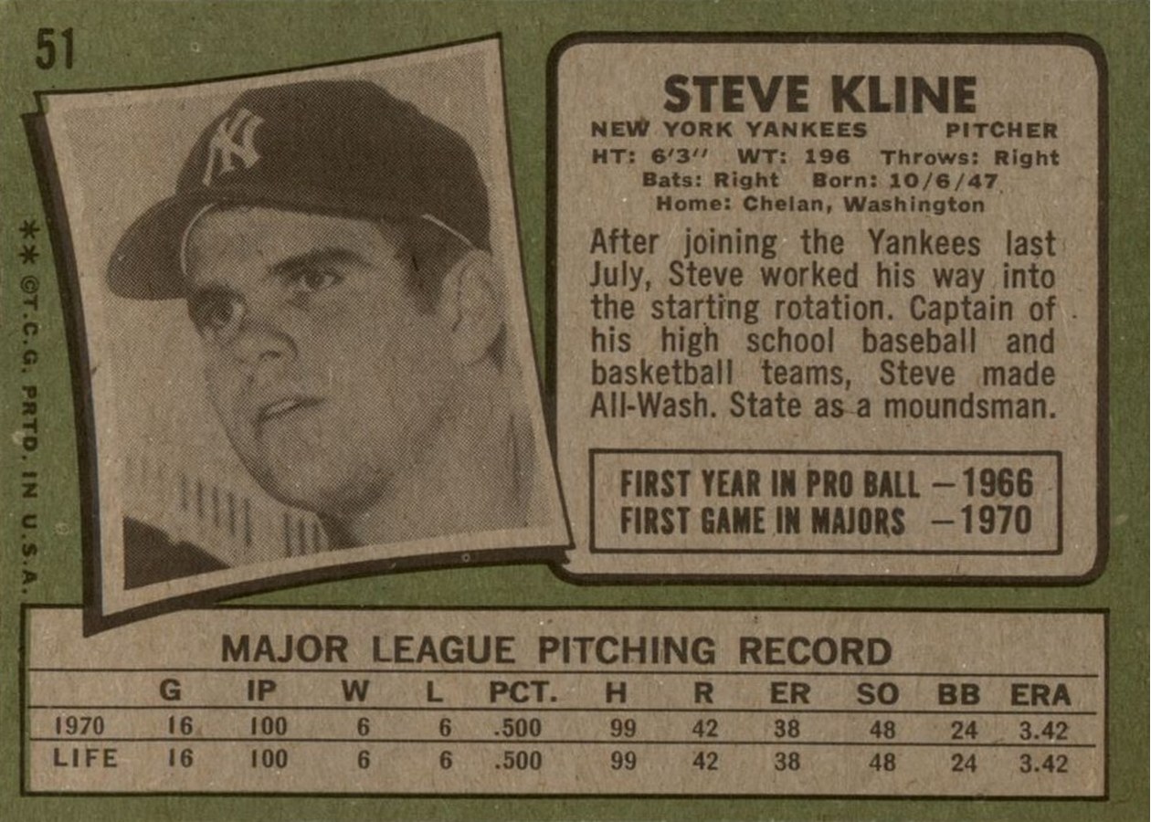 1971 Topps #51 Steve Kline card back
