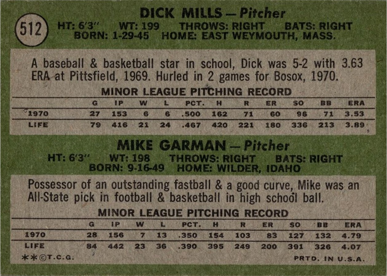 1971 Topps #512 Red Sox 1971 Rookie Stars card back