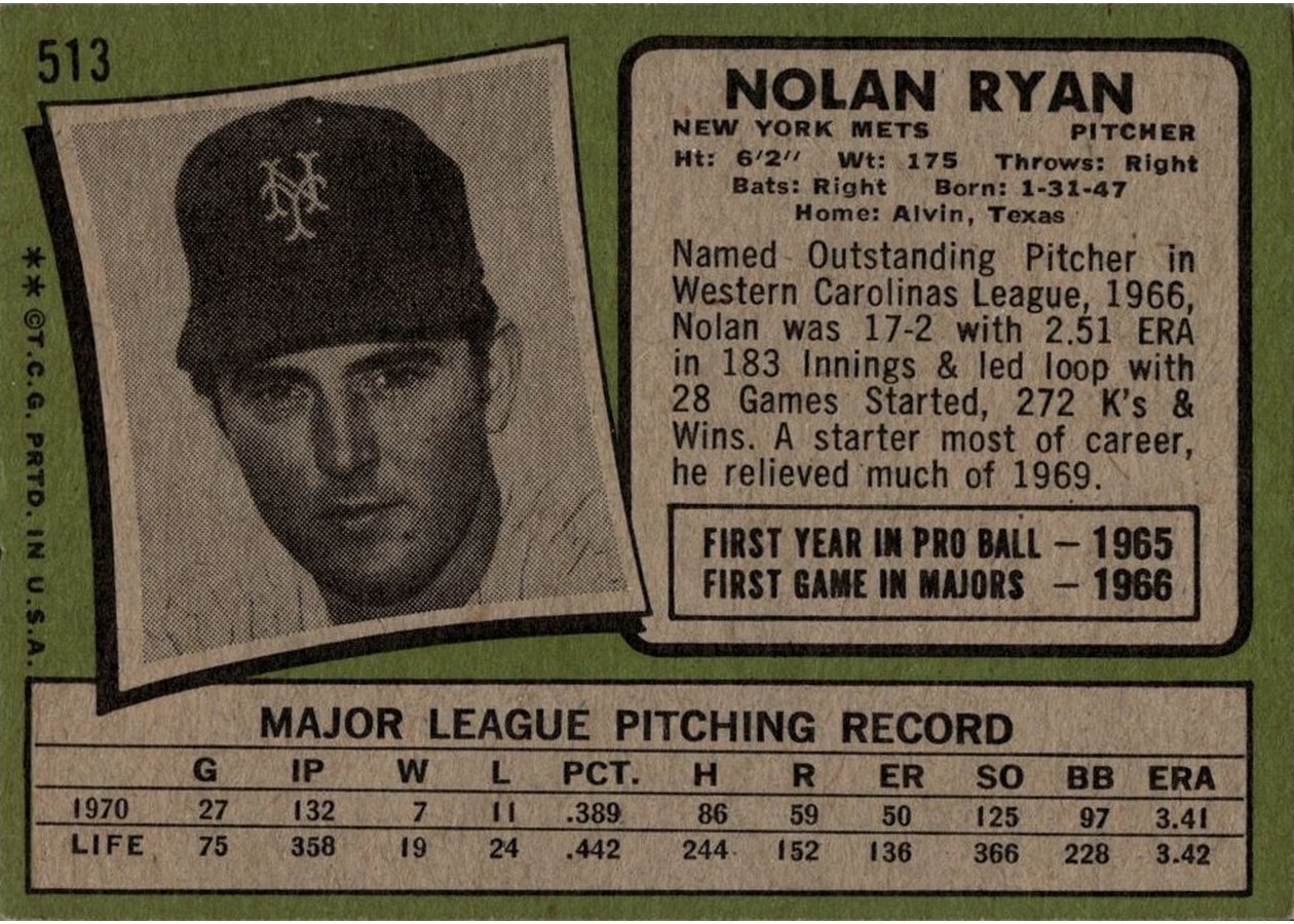 1971 Topps #513 Nolan Ryan card back