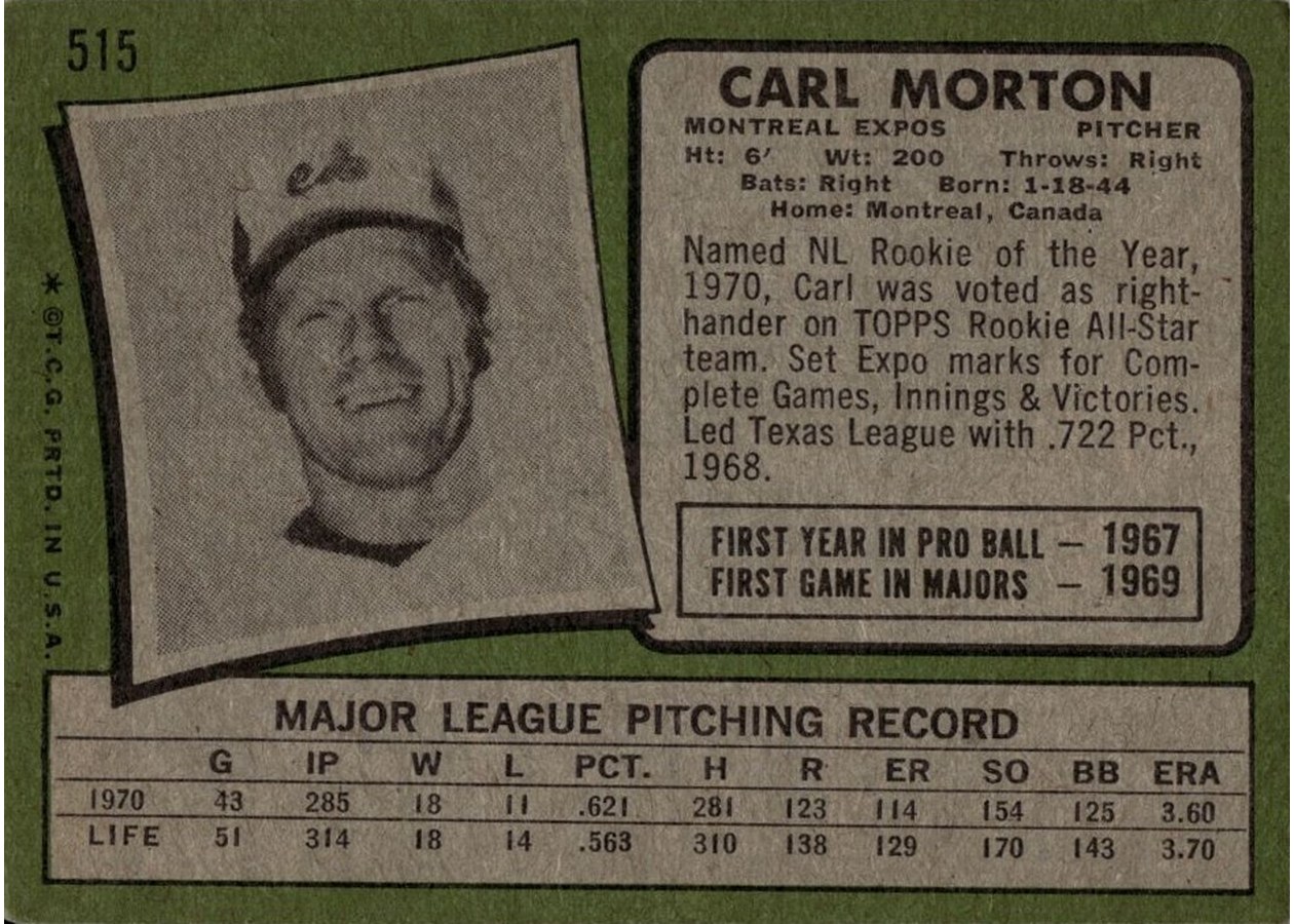 1971 Topps #515 Carl Morton card back