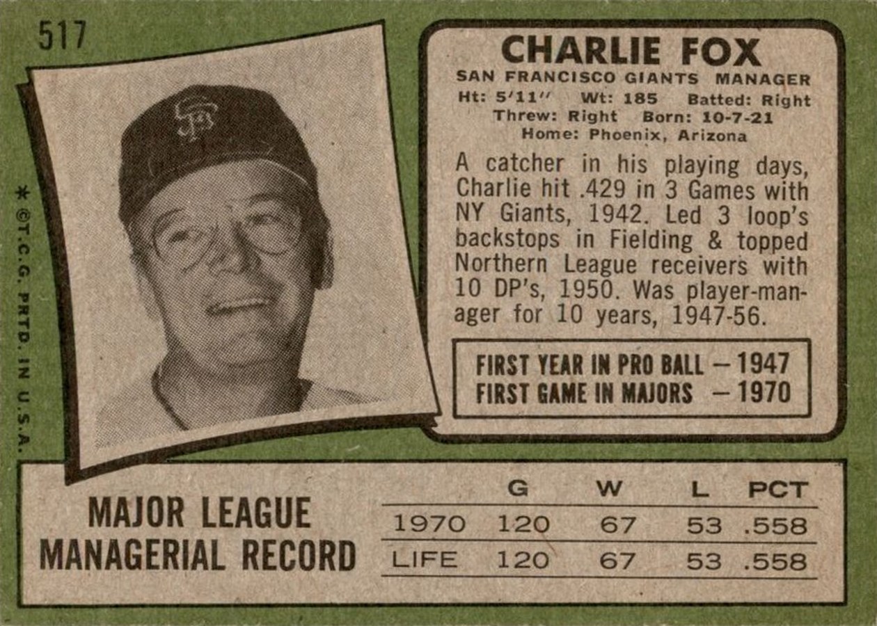 1971 Topps #517 Charlie Fox card back