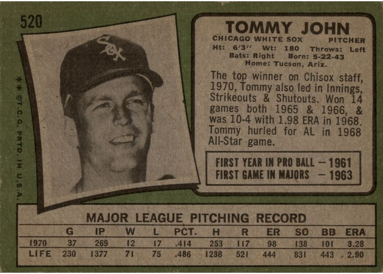 1971 Topps #520 Tommy John card back