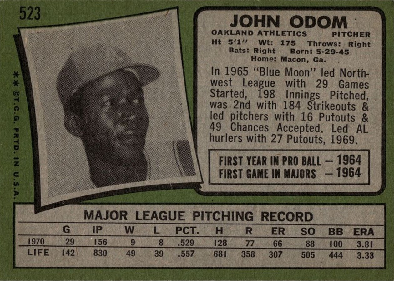 1971 Topps #523 John Odom card back