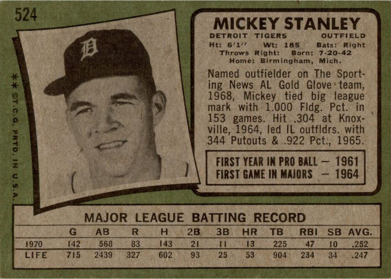 1971 Topps #524 Mickey Stanley card back