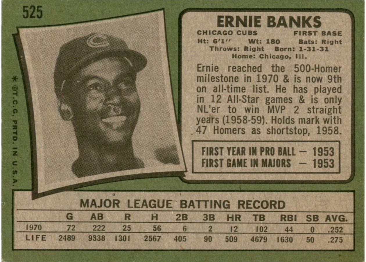 1971 Topps #525 Ernie Banks card back
