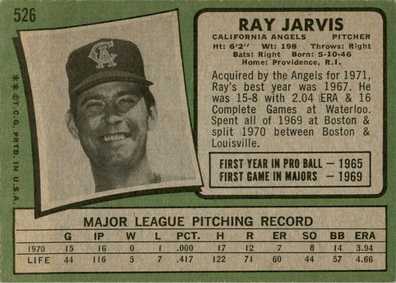 1971 Topps #526 Ray Jarvis card back
