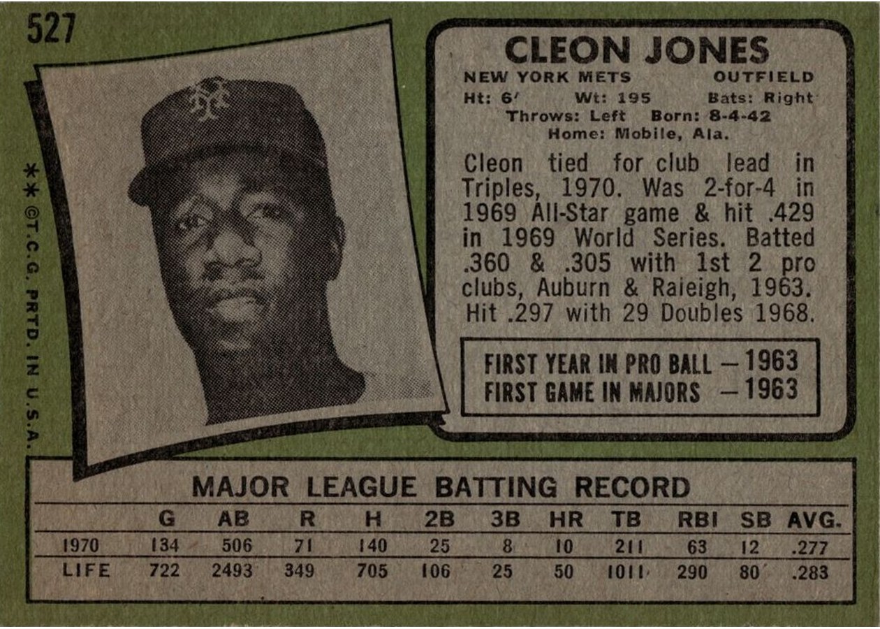 1971 Topps #527 Cleon Jones card back