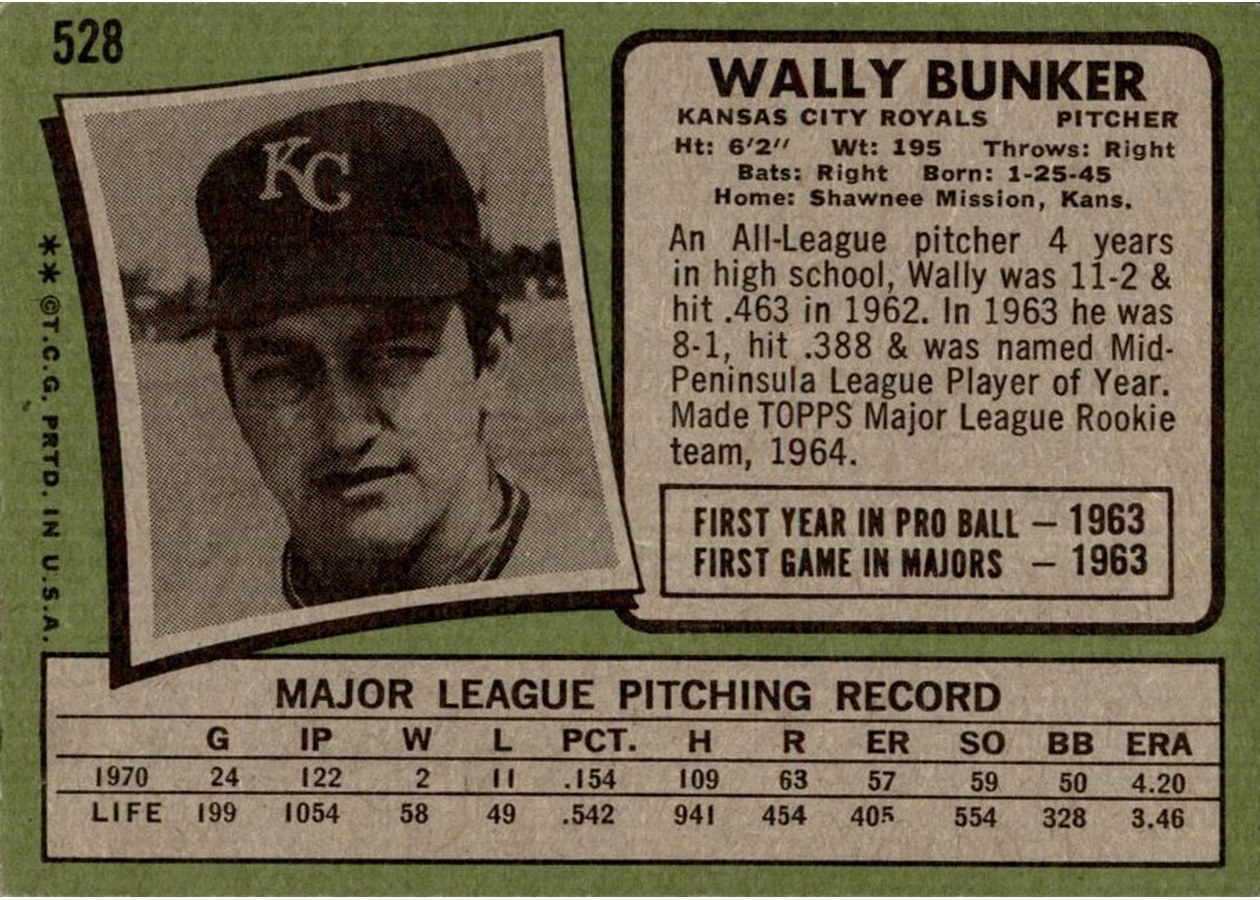 1971 Topps #528 Wally Bunker card back