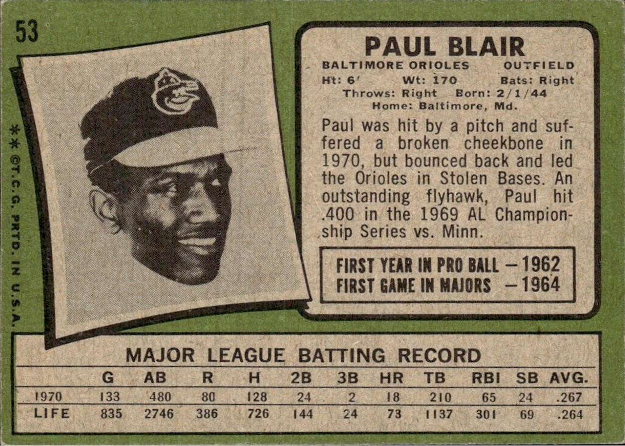 1971 Topps #53 Paul Blair card back