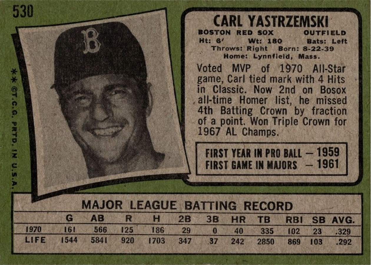 1971 Topps #530 Carl Yastrzemski card back