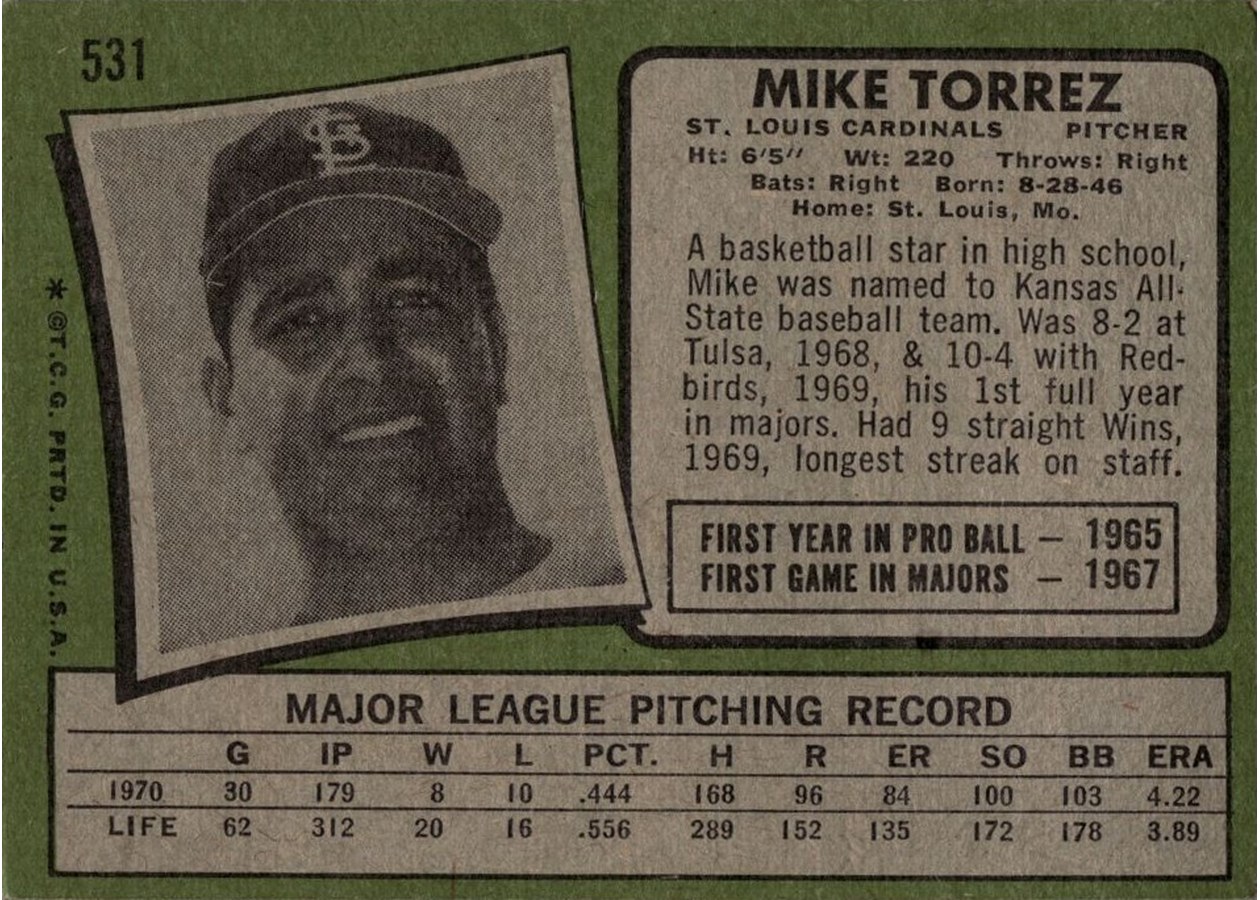 1971 Topps #531 Mike Torrez card back