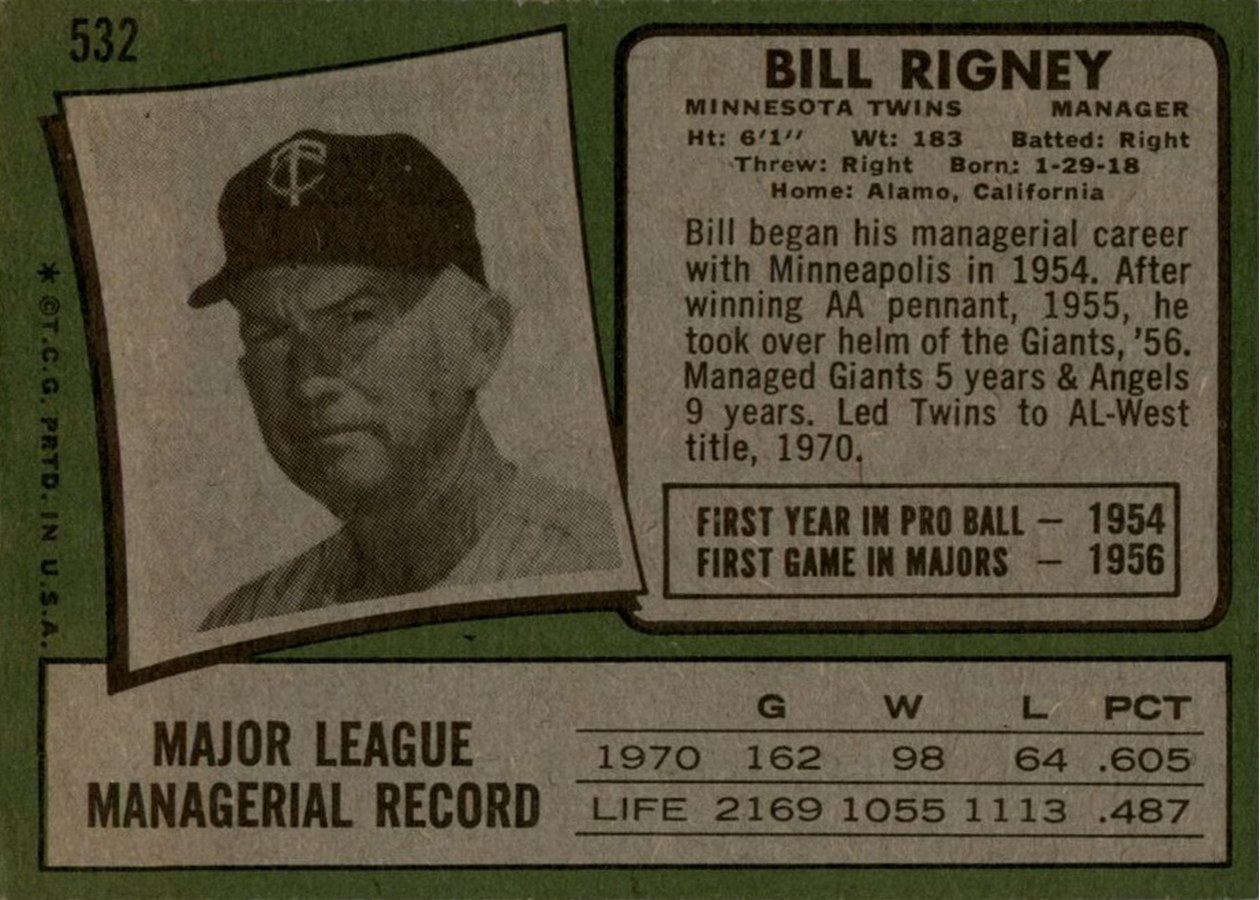 1971 Topps #532 Bill Rigney card back