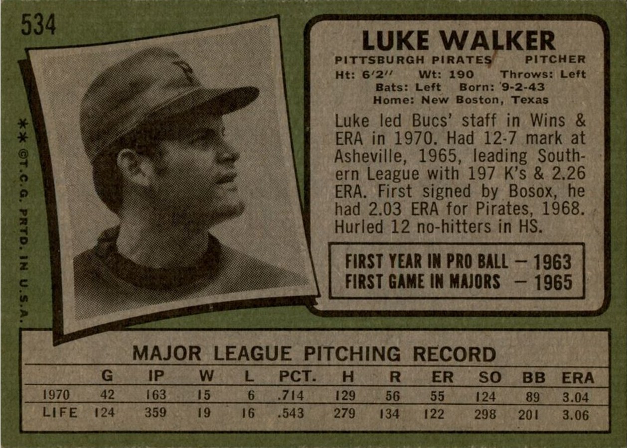 1971 Topps #534 Luke Walker card back