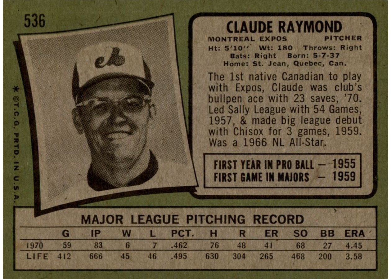 1971 Topps #536 Claude Raymond card back