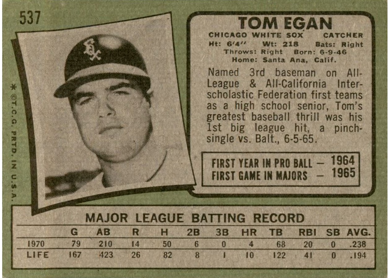1971 Topps #537 Tom Egan card back