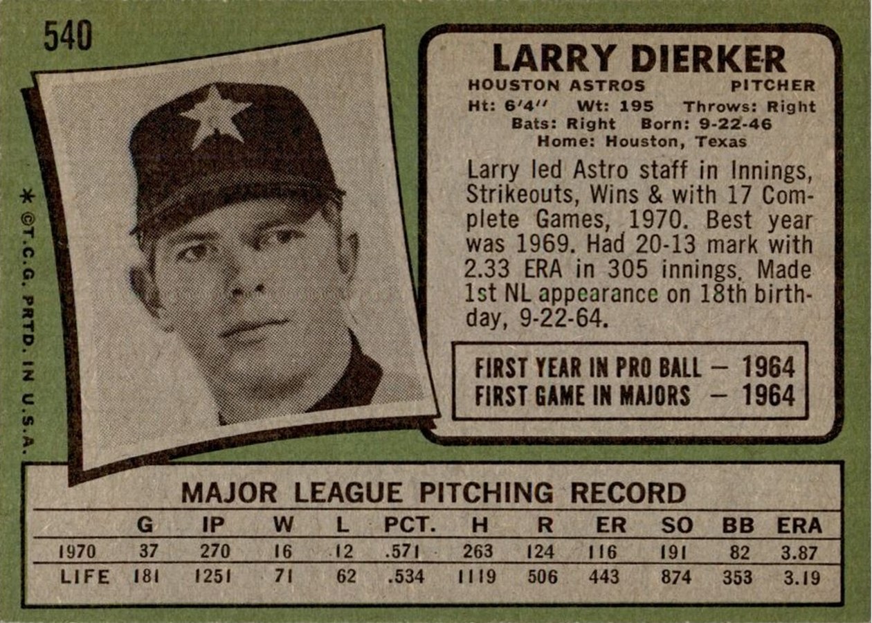 1971 Topps #540 Larry Dierker card back