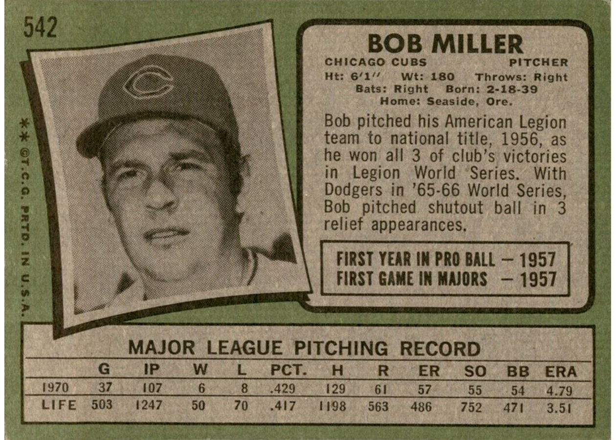 1971 Topps #542 Bob Miller card back