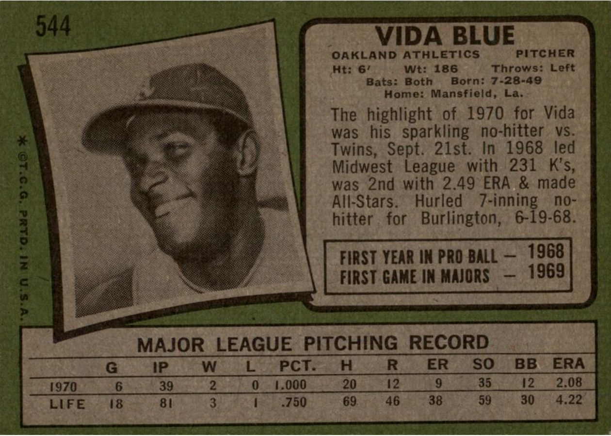 1971 Topps #544 Vida Blue card back