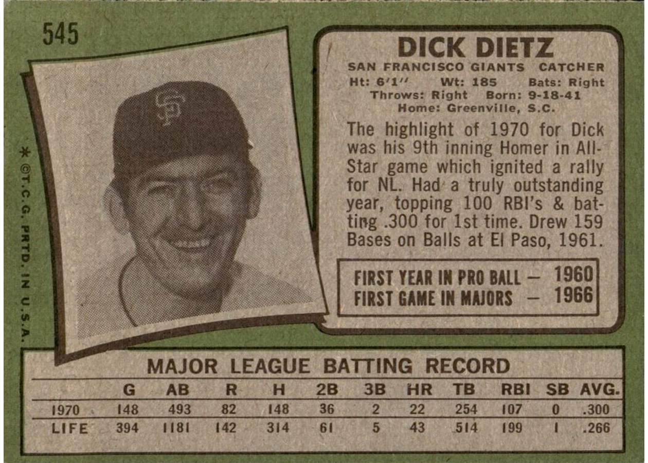 1971 Topps #545 Dick Dietz card back