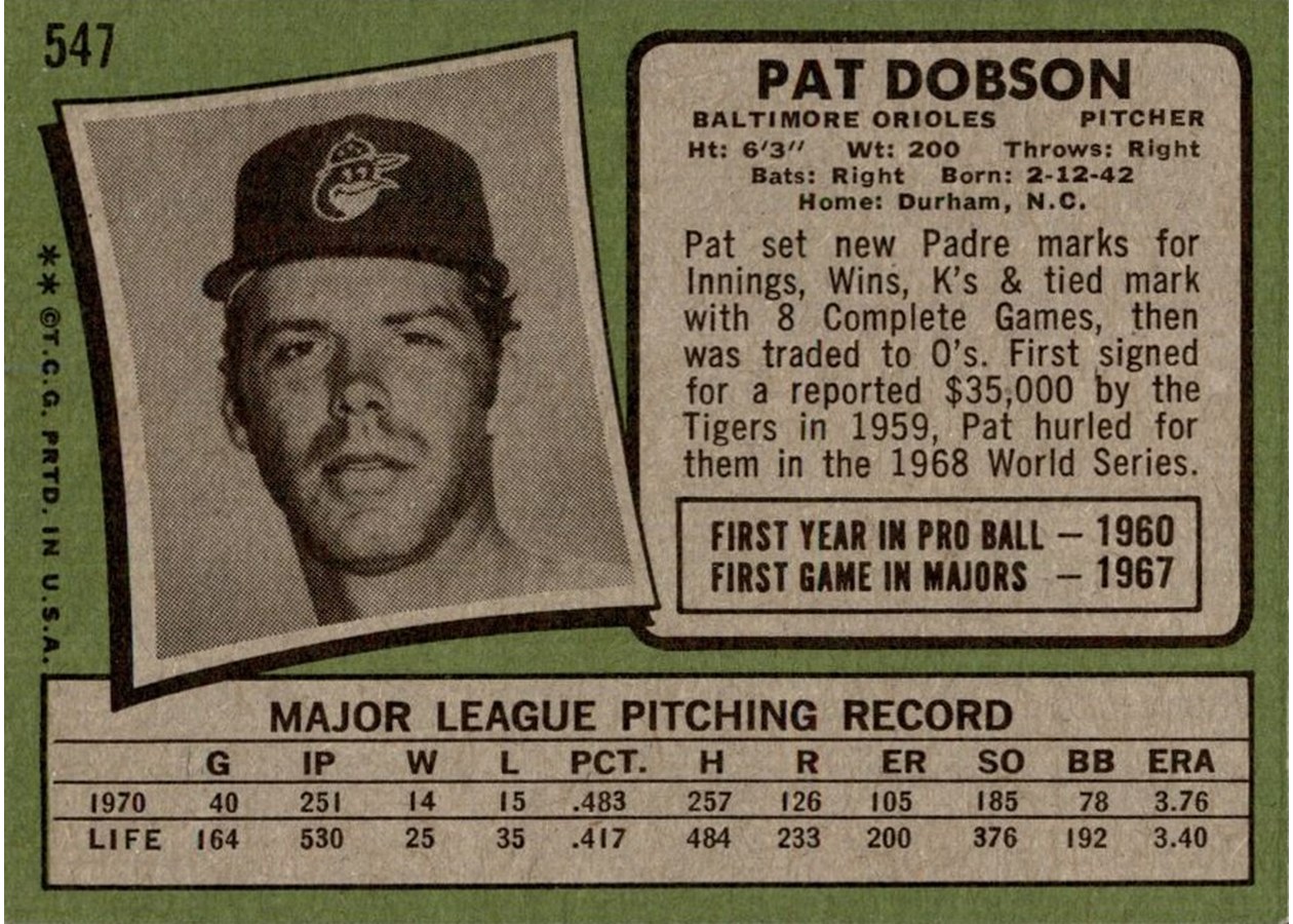 1971 Topps #547 Pat Dobson card back