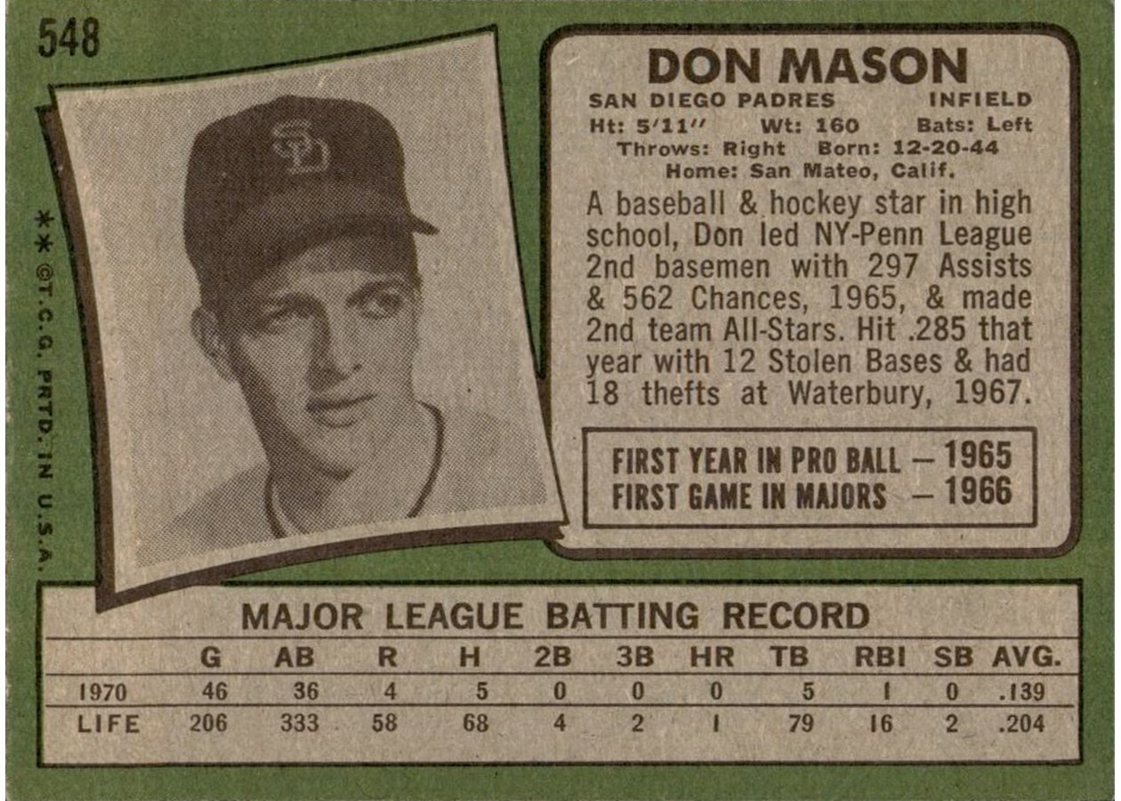 1971 Topps #548 Don Mason card back