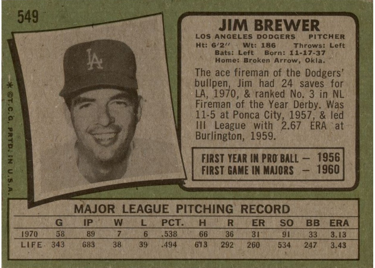 1971 Topps #549 Jim Brewer card back