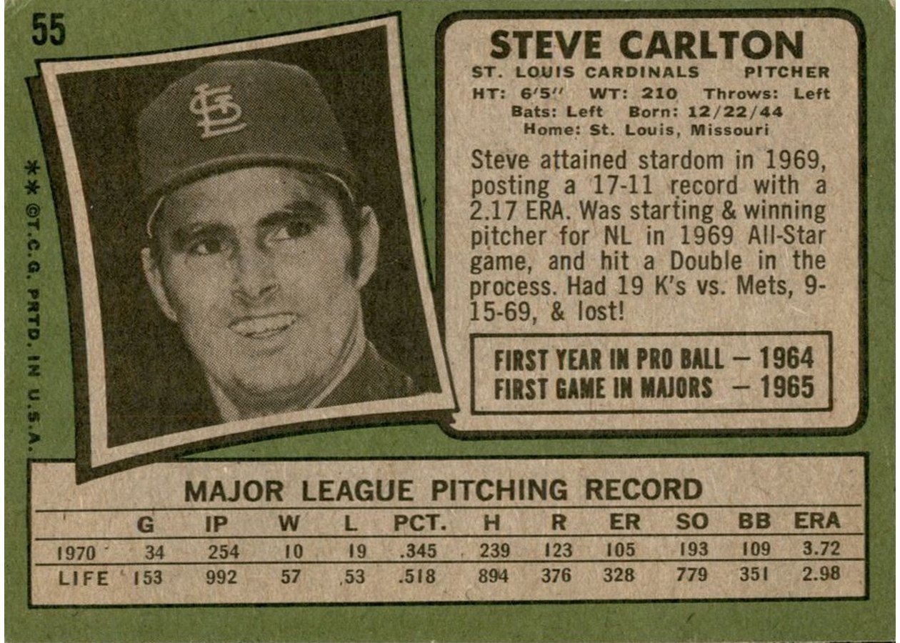 1971 Topps #55 Steve Carlton card back