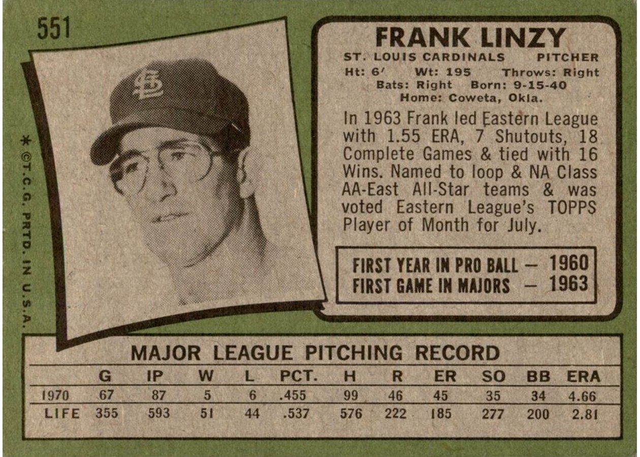 1971 Topps #551 Frank Linzy card back
