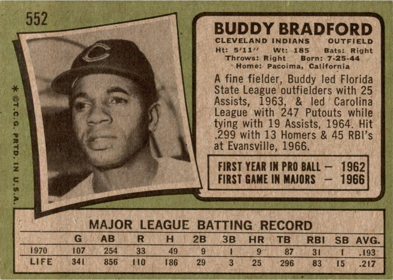 1971 Topps #552 Buddy Bradford card back