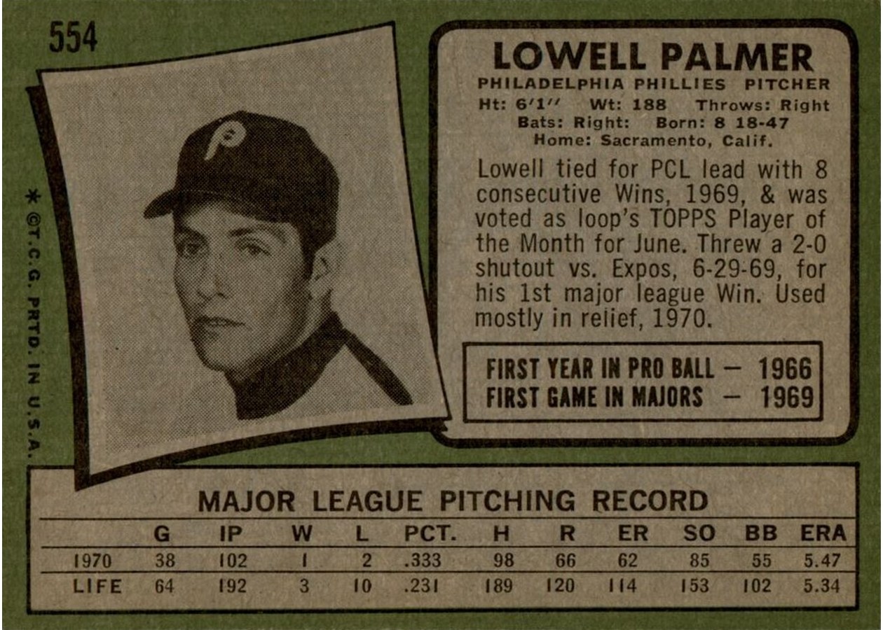 1971 Topps #554 Lowell Palmer card back