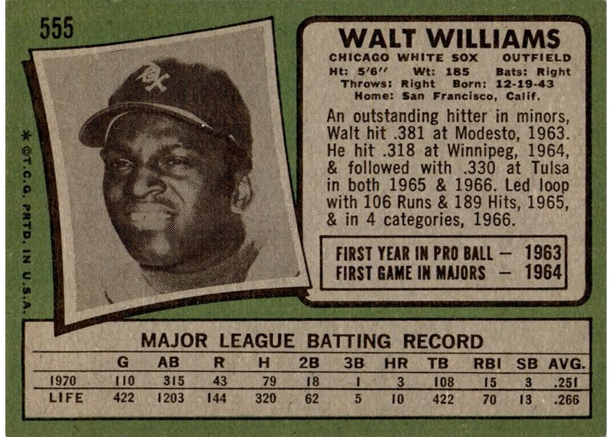 1971 Topps #555 Walt Williams card back