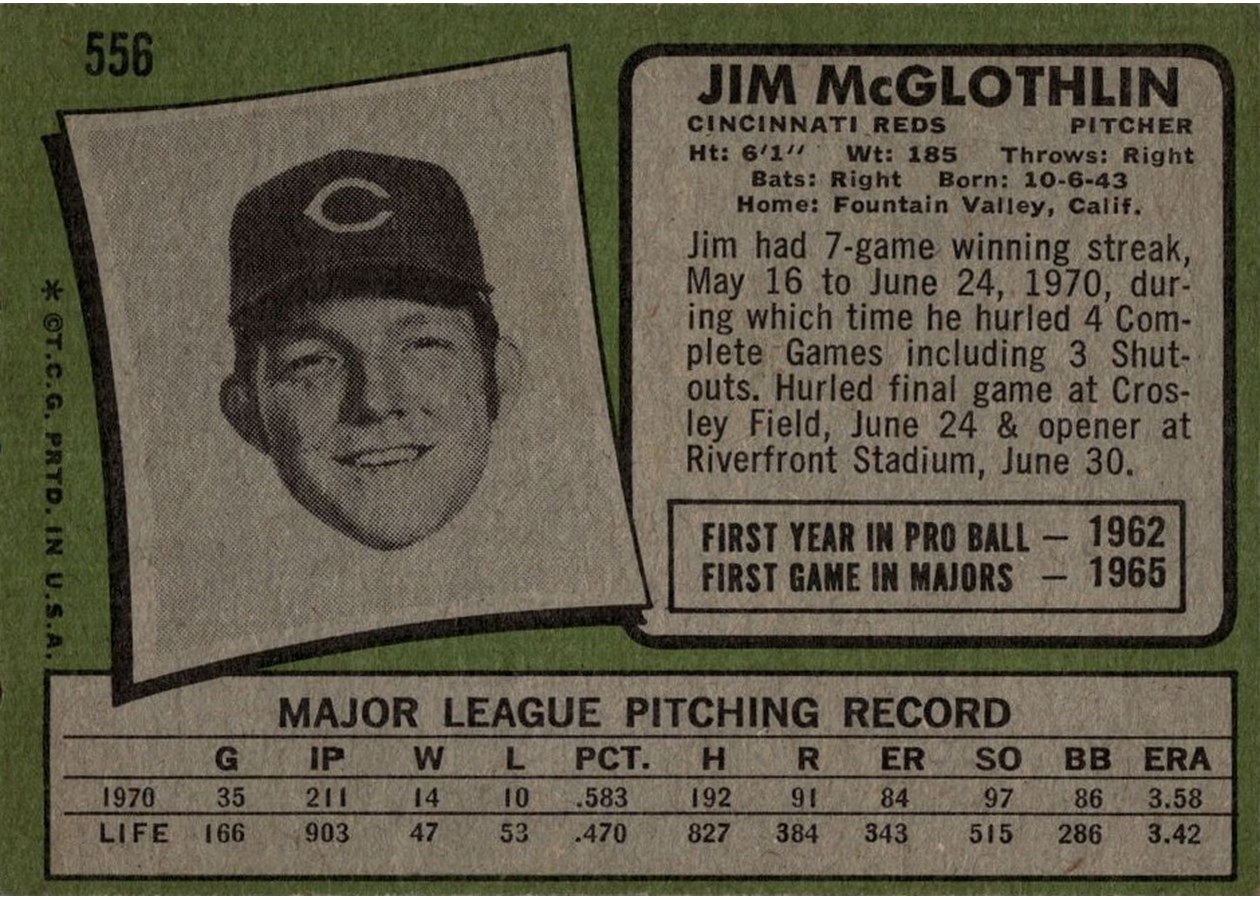 1971 Topps #556 Jim McGlothlin card back